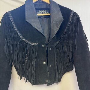 Vintage women’s Black Fringe Leather Jacket Western Cowgirl Biker
